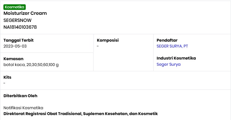 Bukti Registrasi BPOM Seger Snow NA18140103678